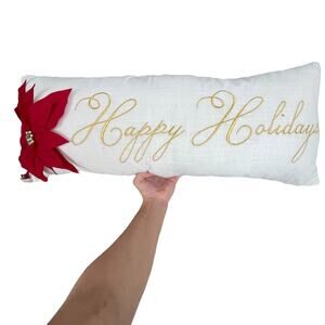 Pier 1 Happy Holidays Poinsettia Pillow Christmas Long White Rectangular READ